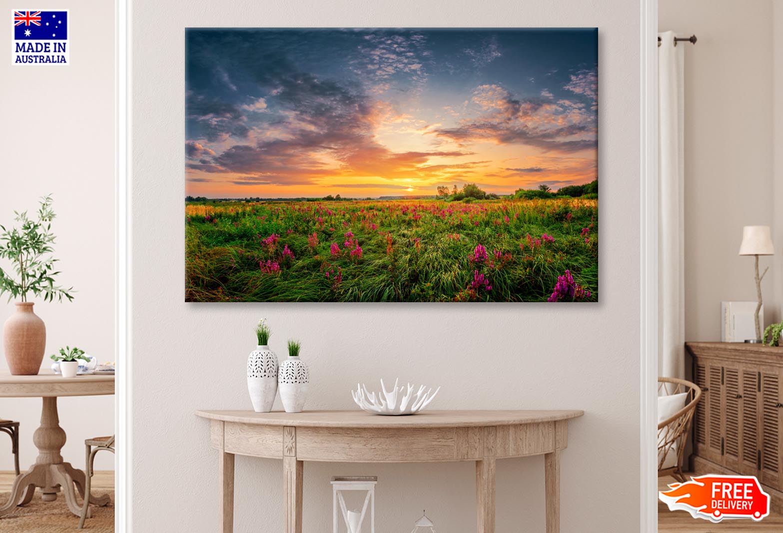 Sun Set Landscape with A Wild Field Full of Purple Flowers Wall Art Decor 100% Australian Made - Bella Home Decor