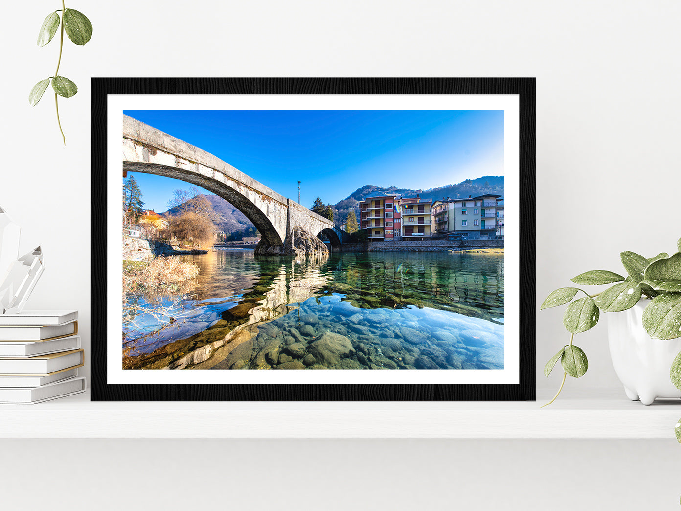 Brembo River In Brembana Valley Glass Framed Wall Art, Ready to Hang Quality Print With White Border Black