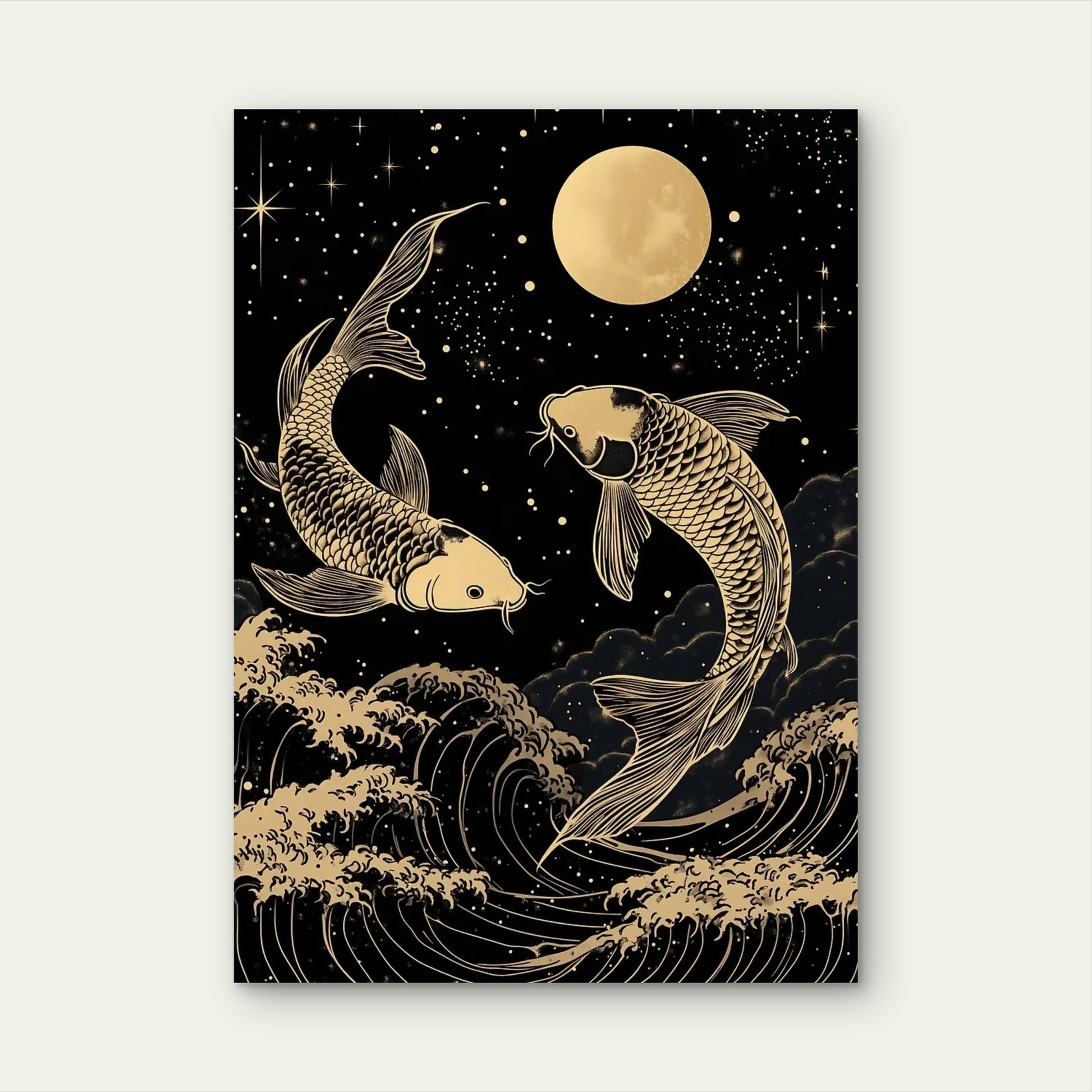 Gold Koi Fish Moon Waves 40x60cm Metal Print Ready to Hang - Bella Home Decor