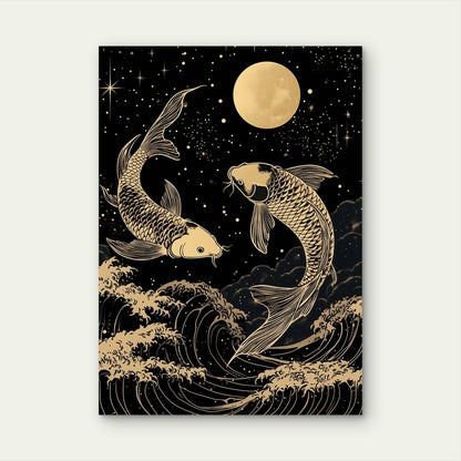 Gold Koi Fish Moon Waves 40x60cm Metal Print Ready to Hang - Bella Home Decor