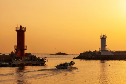 Golden sunset over Songjeong Port lighthouses, South Korea Wall Art Decor 100% Australian Made