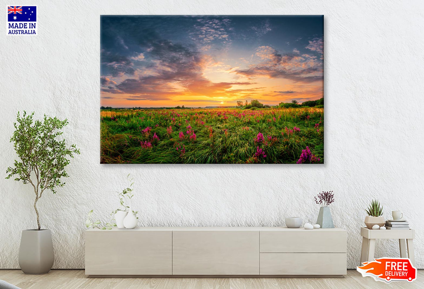 Sun Set Landscape with A Wild Field Full of Purple Flowers Wall Art Decor 100% Australian Made - Bella Home Decor