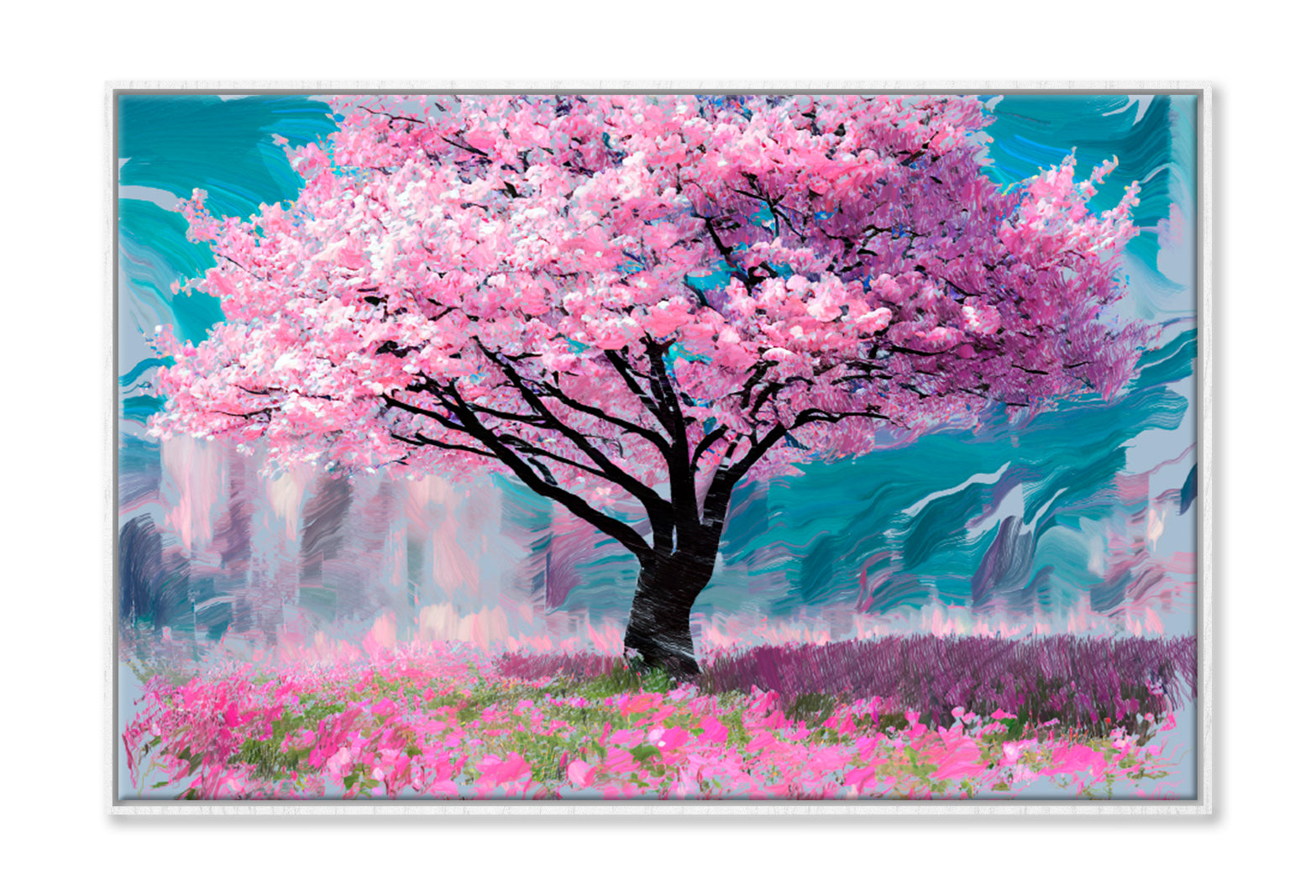 Pink Sakura Cherry Tree Painting Limited Edition High Quality Print Canvas Box Framed White