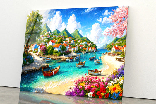 Town, Sea & Mountains in the Background View Acrylic Glass Print Tempered Glass Wall Art 100% Made in Australia Ready to Hang