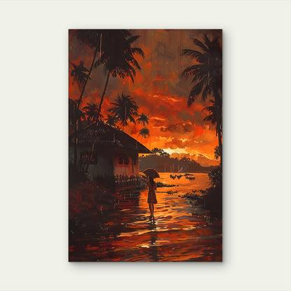 Tropical Sunset Rain Palm House 60x90cm Metal Print Ready to Hang