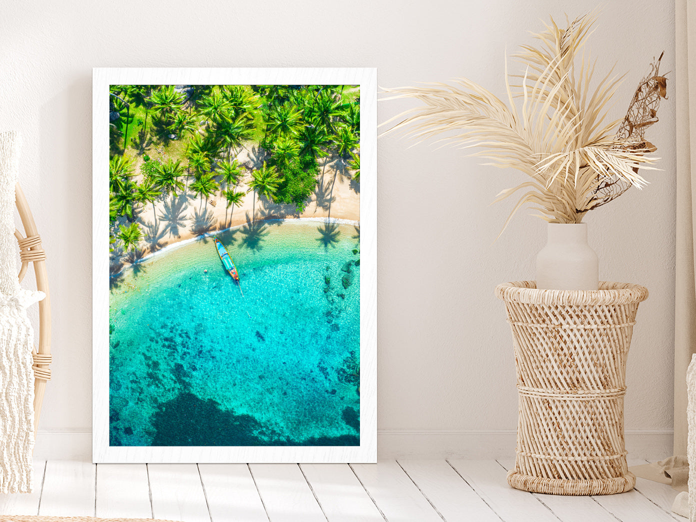 Aerial View Tropical Beach Sai Nuan Glass Framed Wall Art, Ready to Hang Quality Print Without White Border White