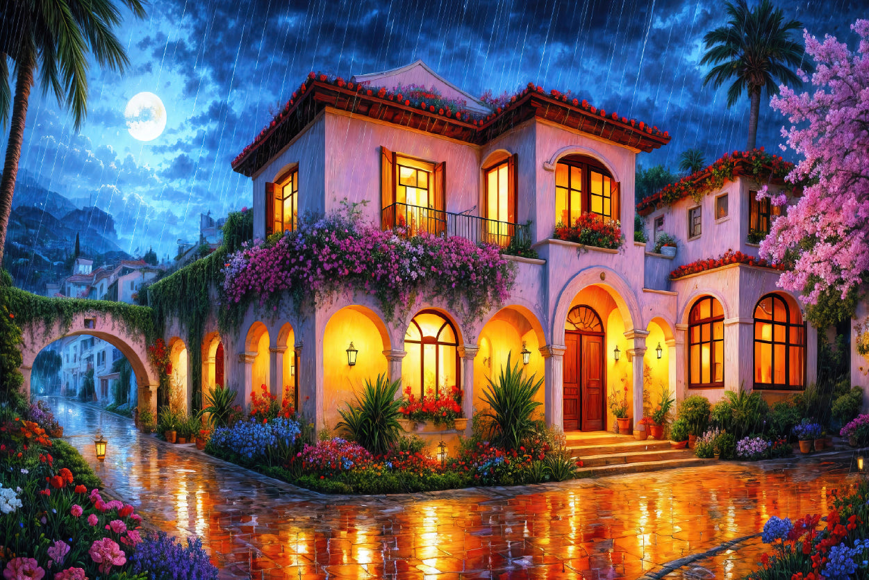 House Surrounded By Flowers at Night Home Decor Premium Quality Poster Print Choose Your Sizes