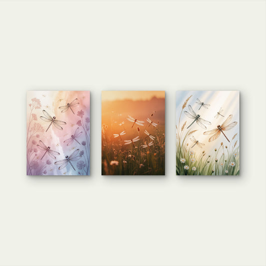 3pcs Pastel Meadow Golden Sunset Dragonfly Painting Wall Art Set Canvas Framed 40x60cm - High Quality Print 100% Australian Made Wall Canvas Ready to Hang