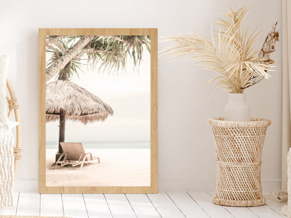 Beach Hut & Chair near Sea Faded Photograph Glass Framed Wall Art, Ready to Hang Quality Print Without White Border Oak