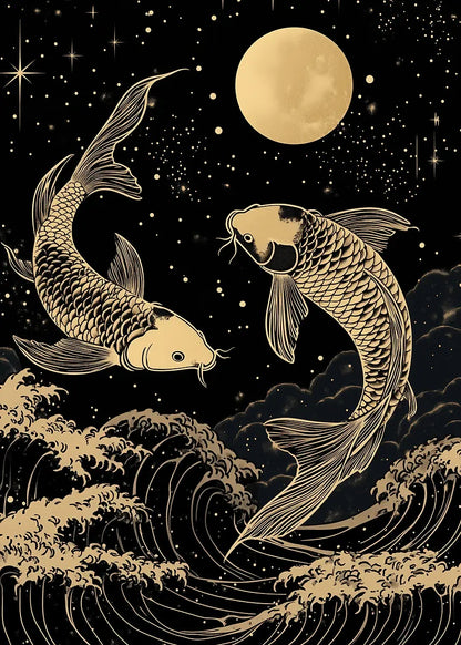 Gold Koi Fish Moon Waves 60x90cm Metal Print Ready to Hang - Bella Home Decor