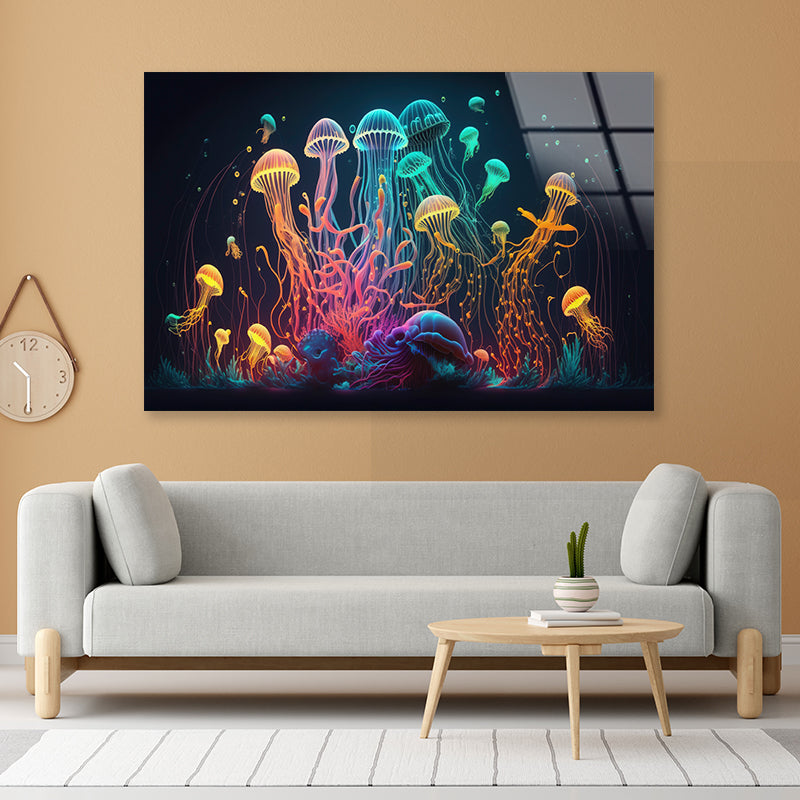 Colorful Jellyfish and Fish Float In an Ocean Acrylic Glass Print Tempered Glass Wall Art 100% Made in Australia Ready to Hang - Bella Home Decor