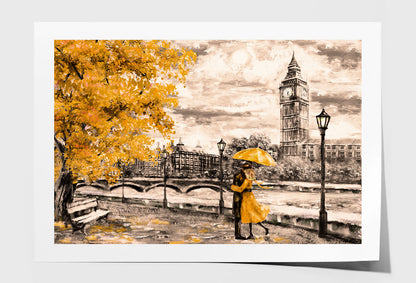 Yellow Tree & Couple near Big Ben Bridge & River Painting Wall Art Limited Edition High Quality Print Unframed Roll Canvas None