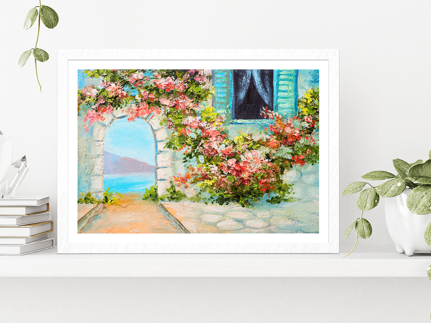 House Near The Sea, Summer Seascape Glass Framed Wall Art, Ready to Hang Quality Print With White Border White