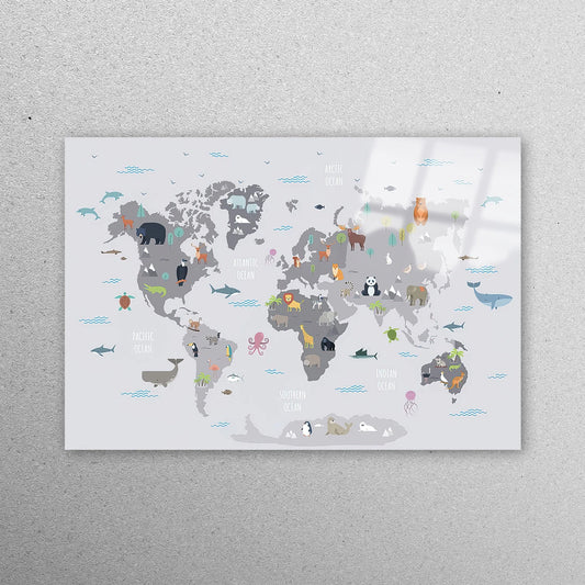 Kids Map Animal Wall Art Acrylic Glass Print Tempered Glass Wall Art 100% Made in Australia Ready to Hang