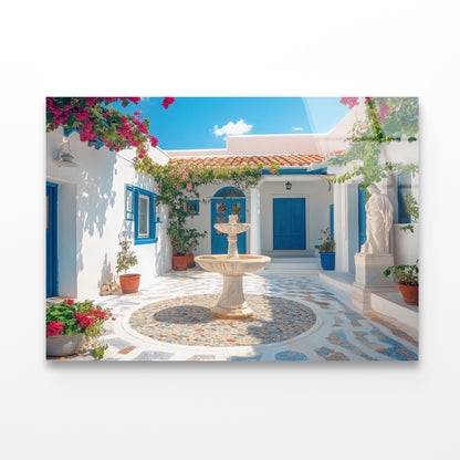 Courtyard with a Fountain and a Statue of a Woman Acrylic Glass Print Tempered Glass Wall Art 100% Made in Australia Ready to Hang - Bella Home Decor