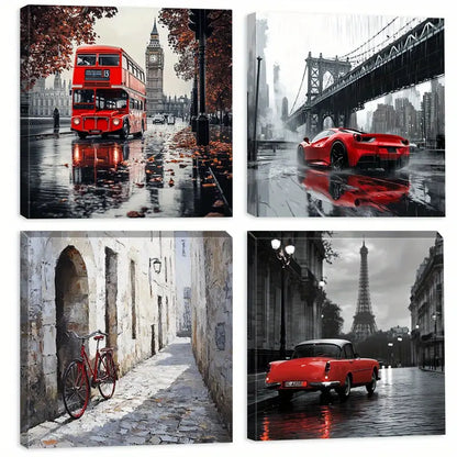 4pcs Red Double-Decker Bus, London  Wall Art Canvas Framed