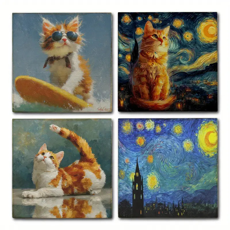 4pcs Starry Night, Surfing Cat Wall Art Canvas Framed
