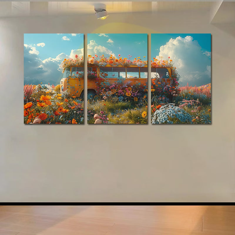 3pcs Vintage Yellow Bus in Wildflower Field Wall Art Set Canvas Framed 40x60cm - High Quality Print 100% Australian Made Wall Canvas Ready to Hang