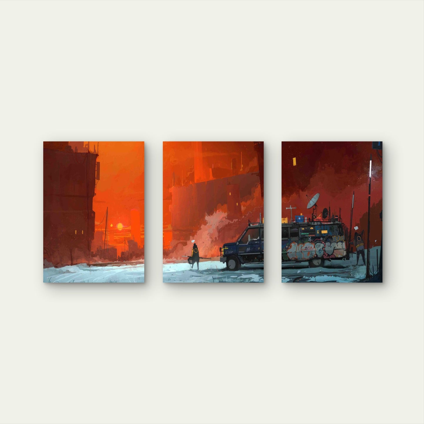 3pcs Cyberpunk Wasteland Camper Van Metal Print Ready to Hang Art