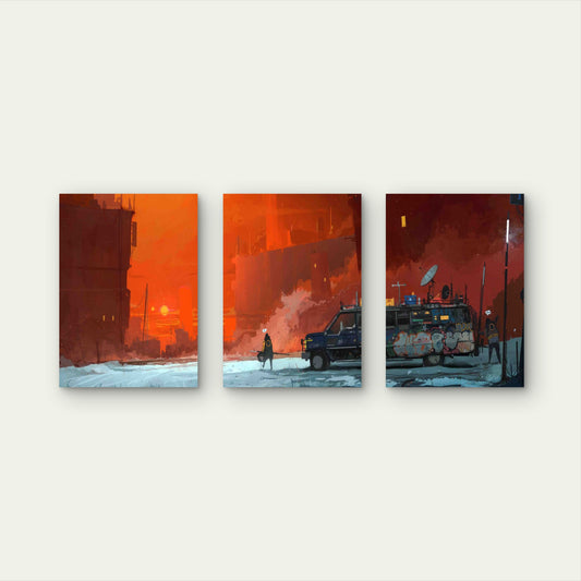 3pcs Cyberpunk Wasteland Camper Van Metal Print Ready to Hang Art