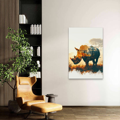 Stunning Silhouette Rhinoceros With Vibrant Sunset Landscape 40x60cm Metal Print Ready to Hang