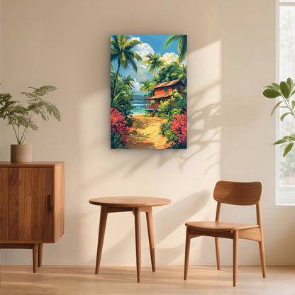 Illustration of a Tropical Beach House Scene 60x90cm Metal Print Ready to Hang