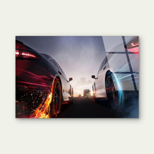 Dual Racing Sports Cars Fire and Ice Acrylic Glass Printing Wall Art Australian Made Quality