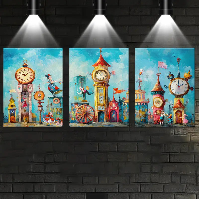 3pcs Colorful Clock Tower & Playful Characters Metal Print Ready to Hang Art - Bella Home Decor