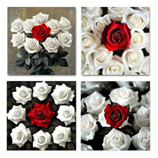 4pcs Red Roses On Black & White Background Wall Art Canvas Framed