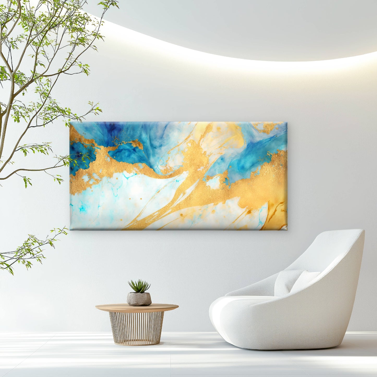 Azure Gold Fluid Drift Wall Art Canvas Office Home Room Framed 120x60cm