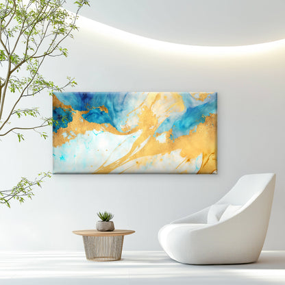 Azure Gold Fluid Drift Wall Art Canvas Office Home Room Framed 120x60cm