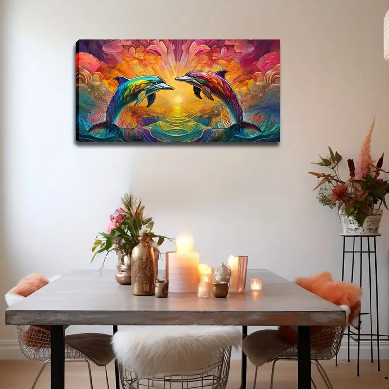 Vibrant Sunset Dolphins Wall Art Canvas Office Home Room Framed 120x60cm - Bella Home Decor