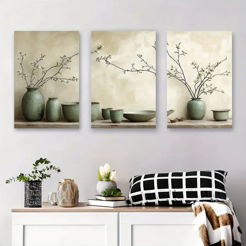 3pcs Green Ceramic Vas Metal Print Ready to Hang Art