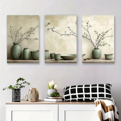 3pcs Green Ceramic Vas Metal Print Ready to Hang Art