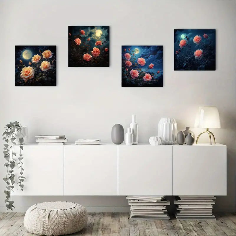 4pcs Canvas Wall Art Pink Rose Perfect  Wall Art Canvas Framed