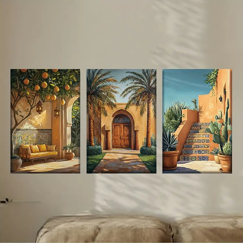 3pcs Vibrant Palm Tree & Terracotta Metal Print Ready to Hang Art