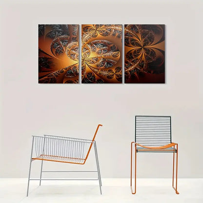 3pcs Golden Fractal Art Triptych Canvas Metal Print Ready to Hang Art - Bella Home Decor