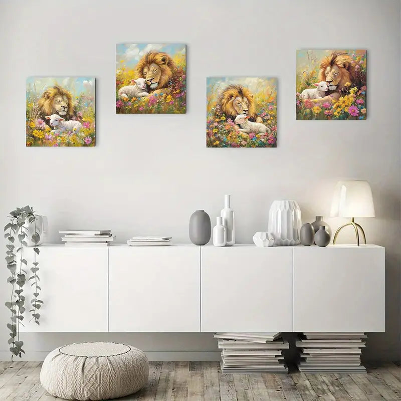 4pcs Vibrant Lion And Lamb In Meadow Wall Art Canvas Framed