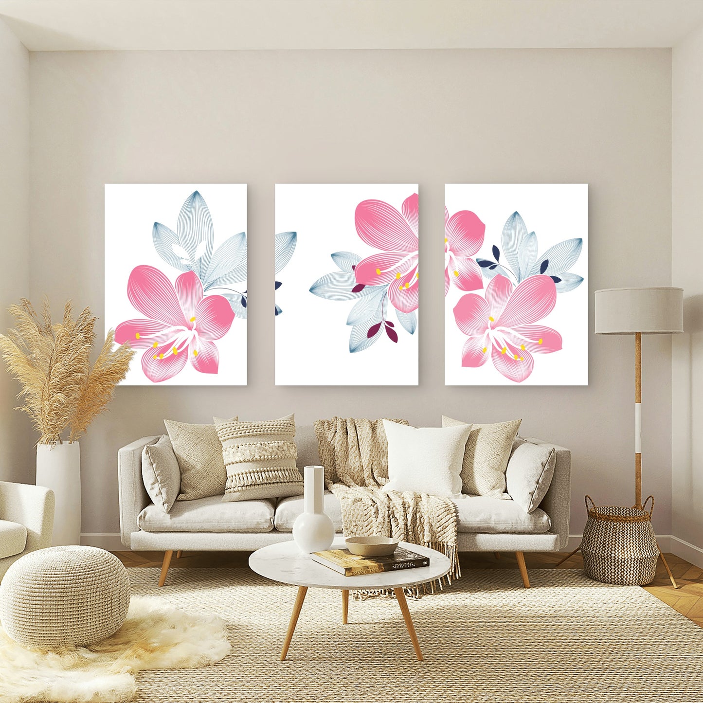 3pcs Pink Lily Flower Blue Botanical Leaf  Wall Art Set Canvas Framed 50x70cm - High Quality Print 100% Australian Made Wall Canvas Ready to Hang