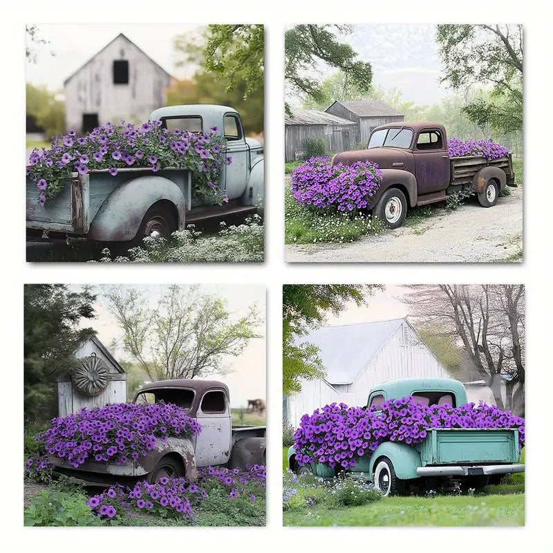 4pcs Vintage Rustic Barn & Old Truck Wall Art Canvas Framed (