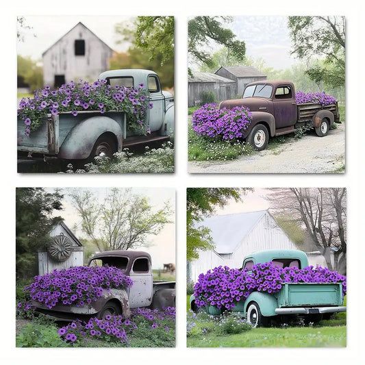 4pcs Vintage Rustic Barn & Old Truck Wall Art Canvas Framed (