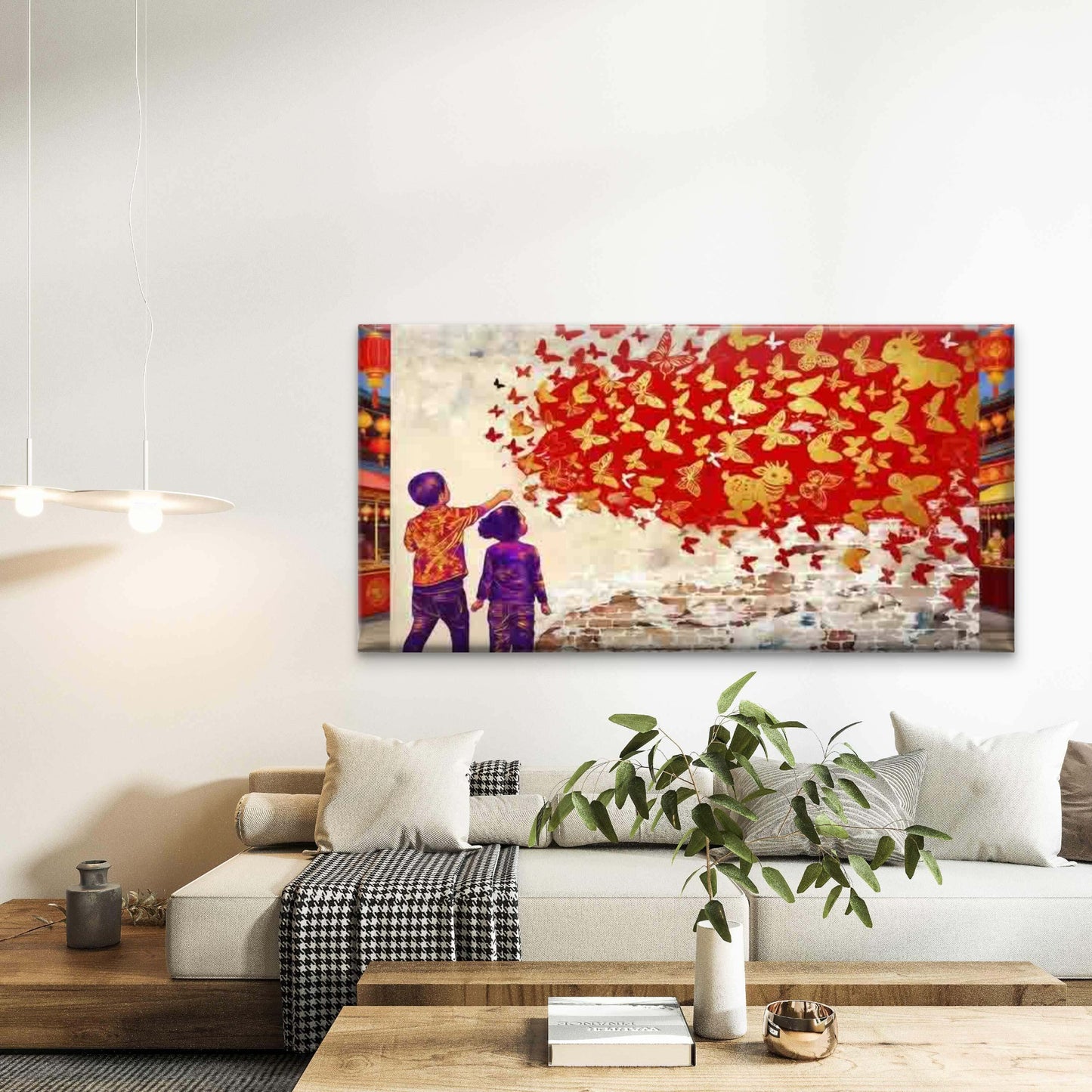Children Watching Red Butterfli Wall Art Canvas Office Home Room Framed 120x60cm - Bella Home Decor