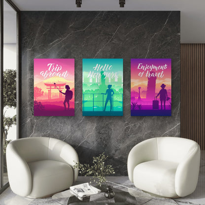 3pcs Retro Silhouette Pastel Travel Landscape Metal Print Ready to Hang Art