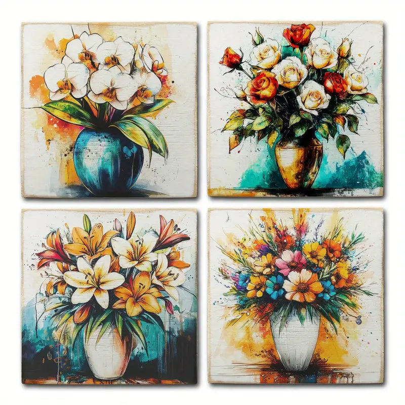 4pcs Water Colour Flower Vase Wall Art Canvas Framed - Bella Home Decor