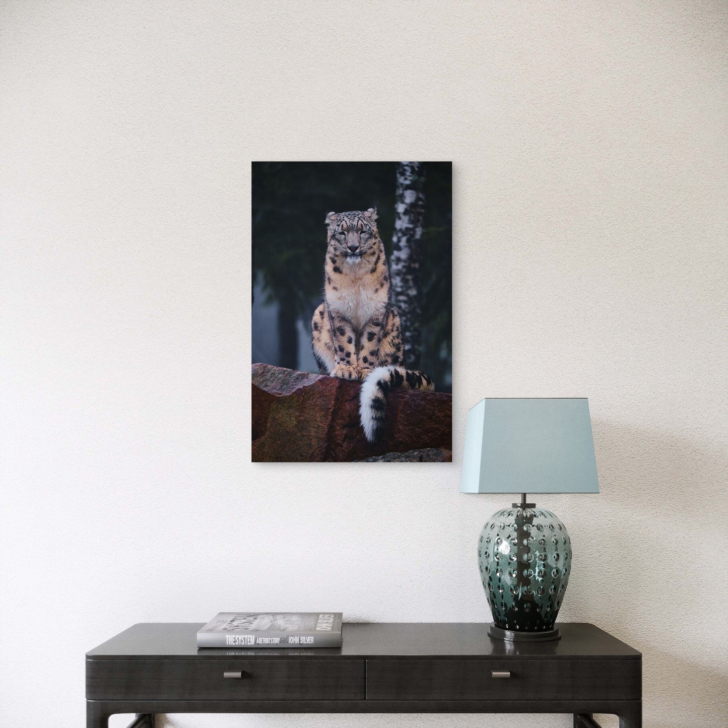 Snow Leopard Sitting On Top Of A Rock 40x60cm Metal Print Ready to Hang