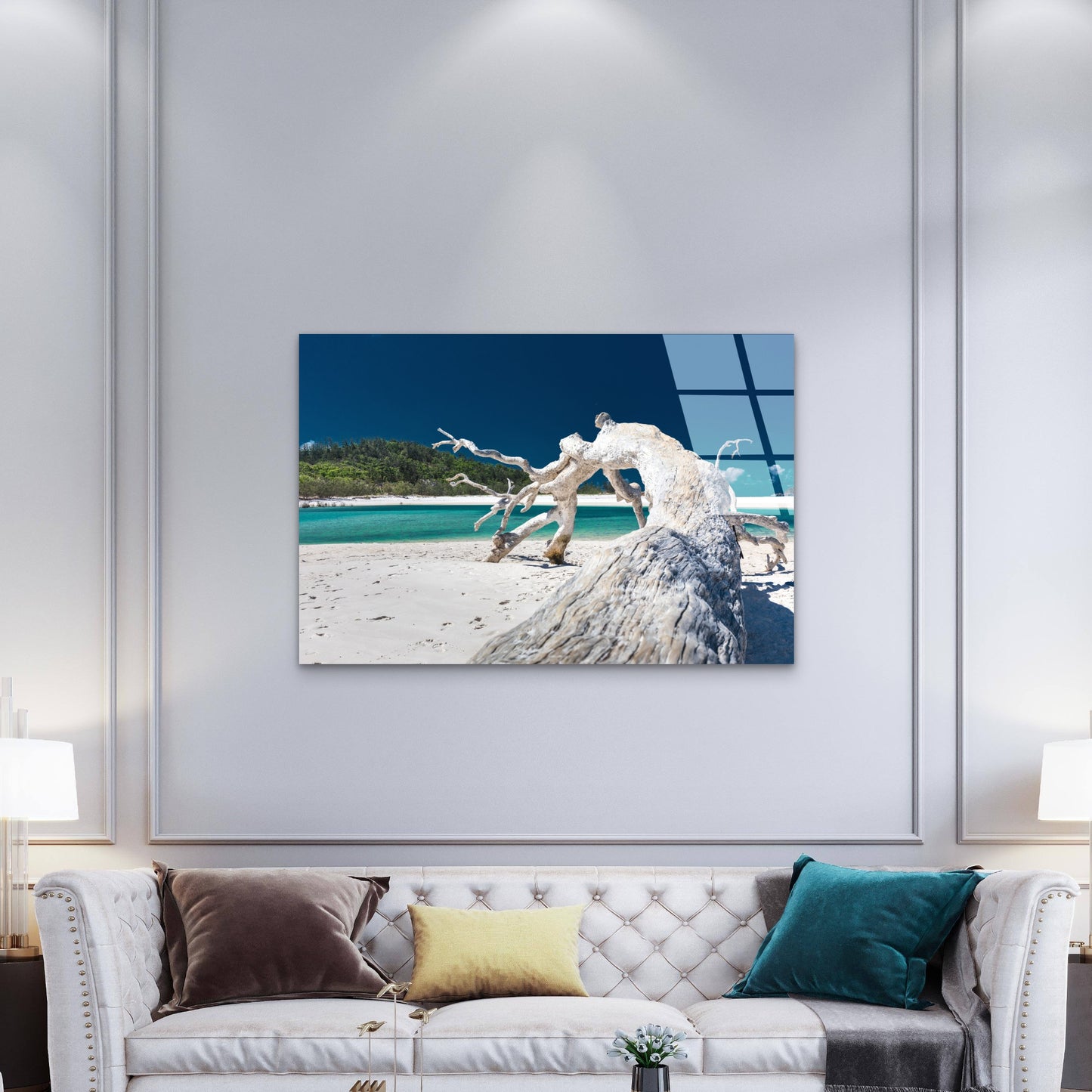 Whitehaven Beach Driftwood Glass Printing Wall Art Australian Made Quality