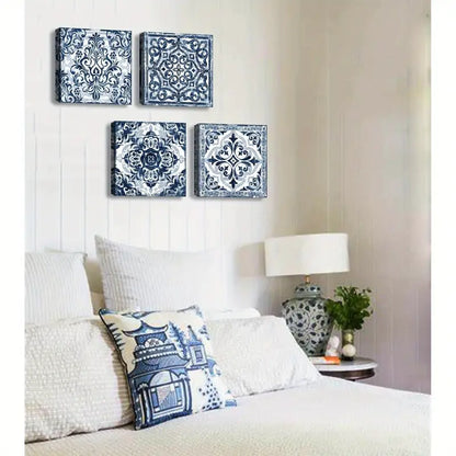 4pcs Navy Blue Floral Blue and White Patterns   Art Canvas Framed - Bella Home Decor
