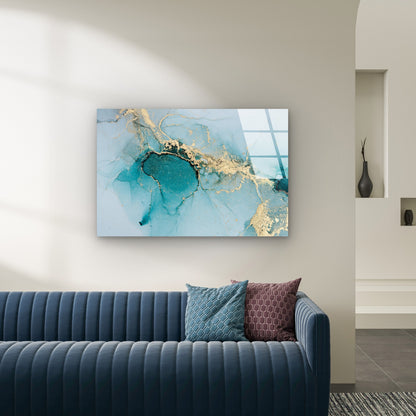 Abstract Teal Ink Gold Glitter Glass Printing Wall Art Australian Made Quality