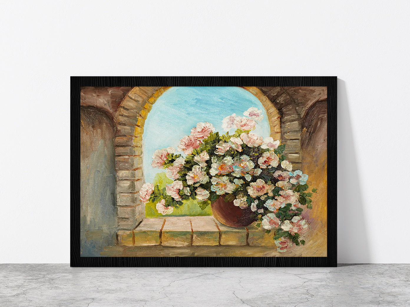 Bouquet Of Flowers On A Stone Sill Glass Framed Wall Art, Ready to Hang Quality Print Without White Border Black