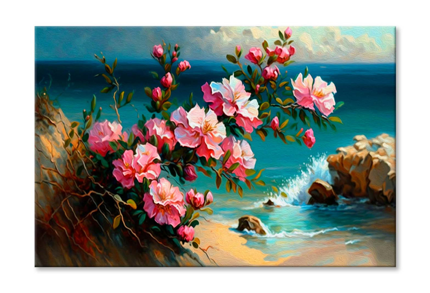 Pink Flowers by The Sea Painting Wall Art Limited Edition High Quality Print